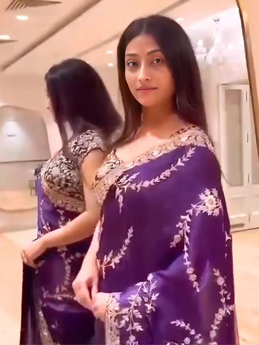 Bollywood-Inspired Purple Satin Silk Saree with Rich Gold Work-70450000822353