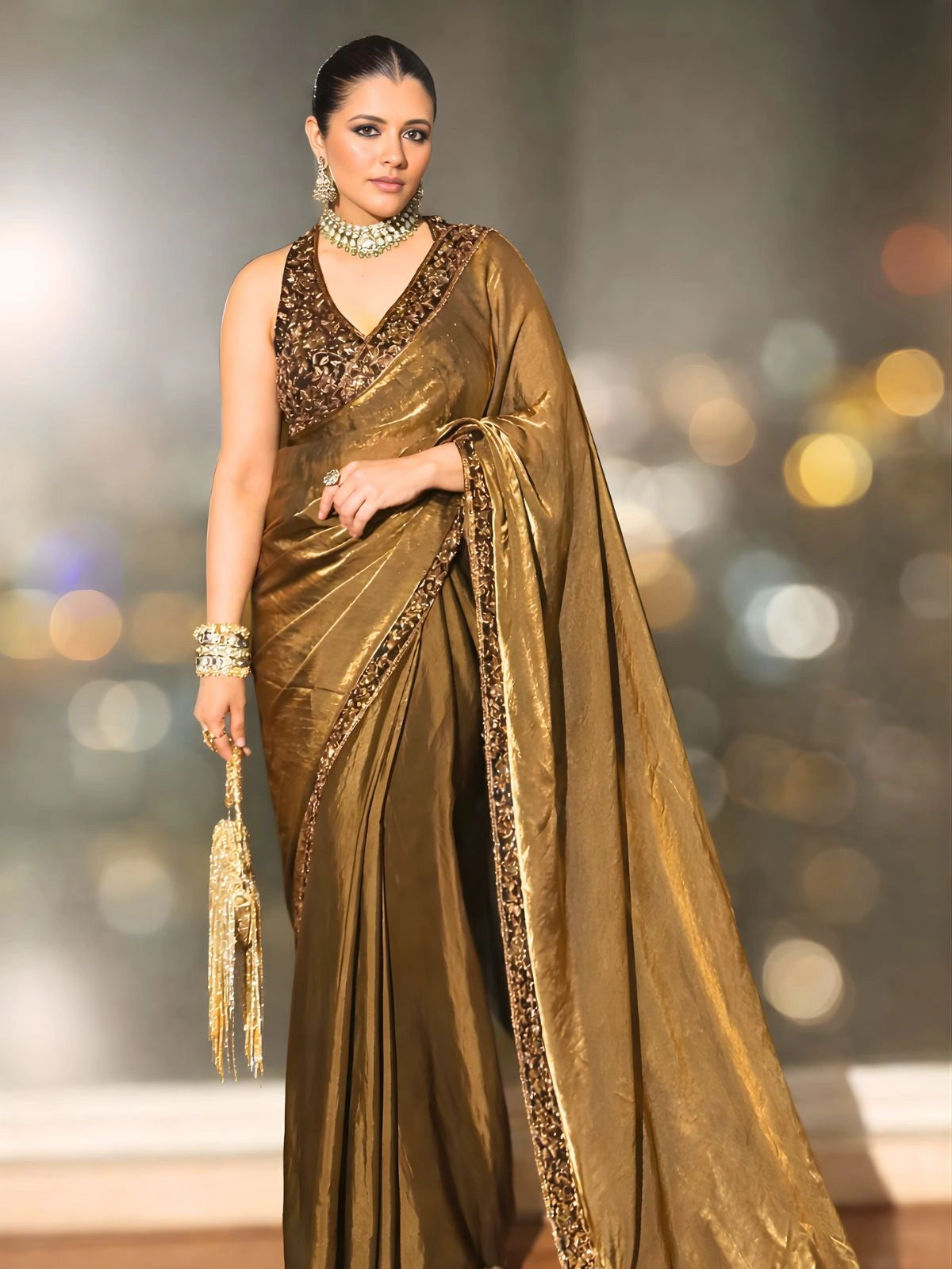 Bollywood Inspired Gold Saree with Black & Gold Embroidery and Unstitched Blouse