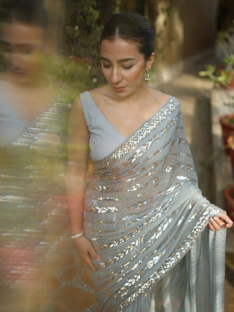 Bollywood Inspired Metallic Grey Georgette Saree with Sequins