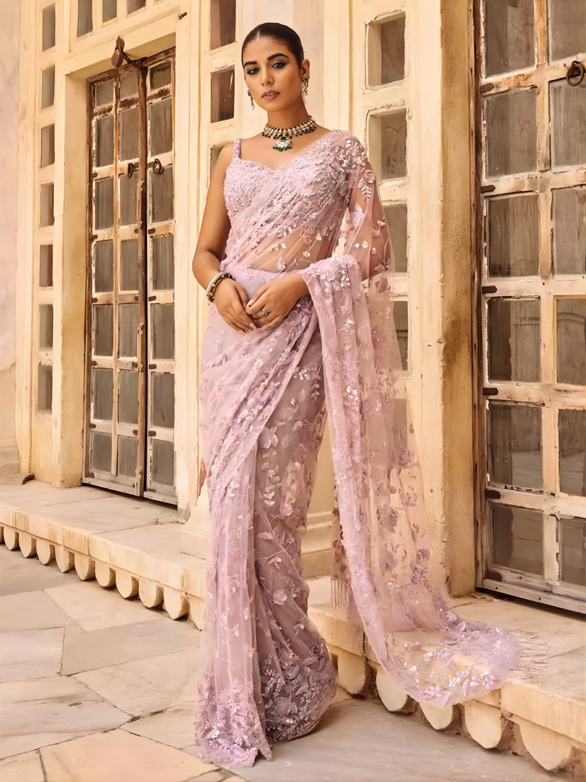 Bollywood Inspired Sequins Designer Pink Net Saree-70449317904465