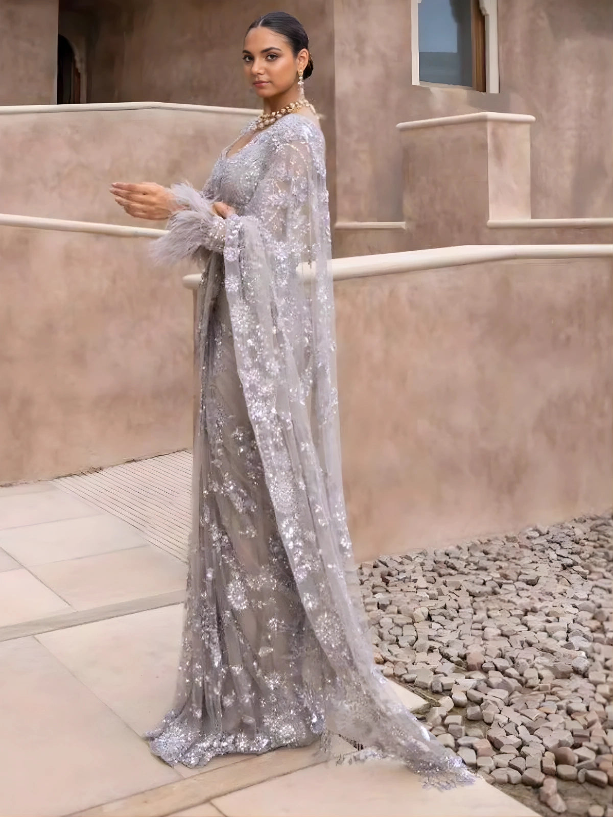 Bollywood Inspired Sequins Designer Purple Net Saree-70430126997585