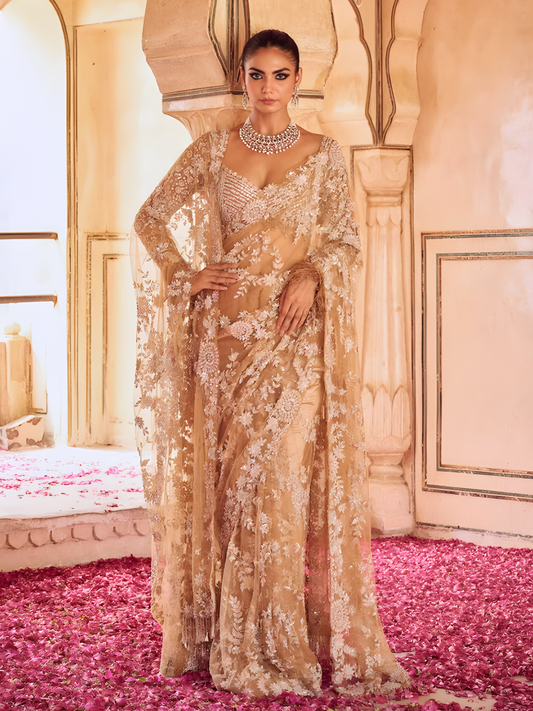 Bollywood Inspired Embroidered Golden Net Saree With Jhalar Border-70449991745617