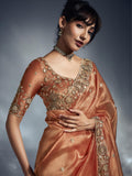 Designer Organza Saree with Heavy Embroidered Border & Blouse - Orange