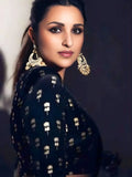 Parineeti Inspired Black & White Striped Printed Georgette Saree