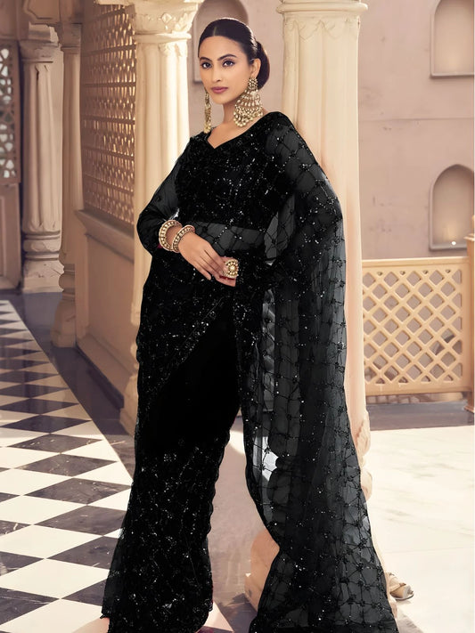 Bollywood Inspired Black Net Saree with Bead and Thread Work-70455659495505