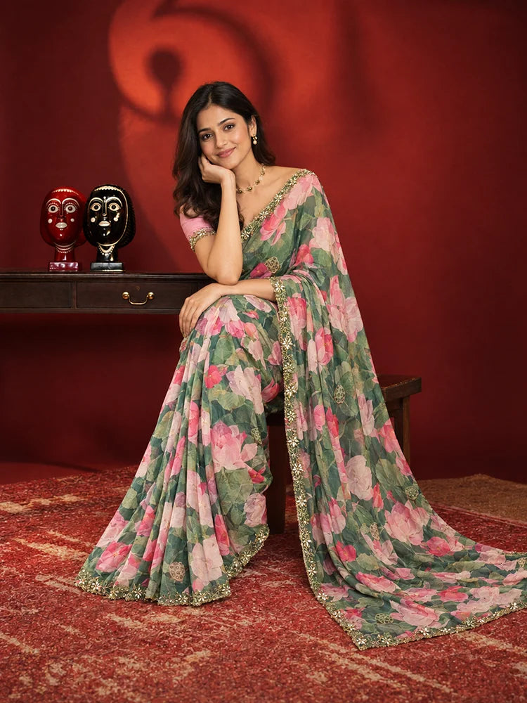 Manju Inspired Lightweight Floral Print Saree with Delicate Embroidery and Pink Blouse-72104001667153