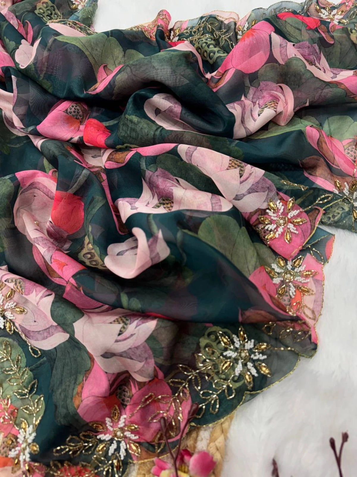 Manju Inspired Lightweight Floral Print Saree with Delicate Embroidery and Pink Blouse-67289628049489