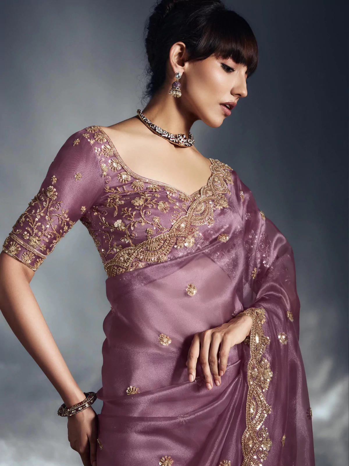 Designer Organza Saree with Heavy Embroidered Border & Blouse - Mauve