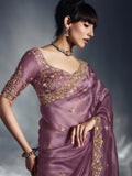 Designer Organza Saree with Heavy Embroidered Border & Blouse - Mauve