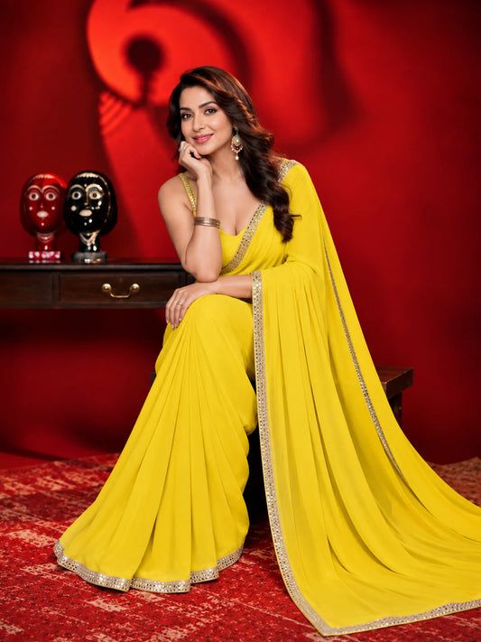 Georgette Yellow Saree with Stylish Border-73996307726417