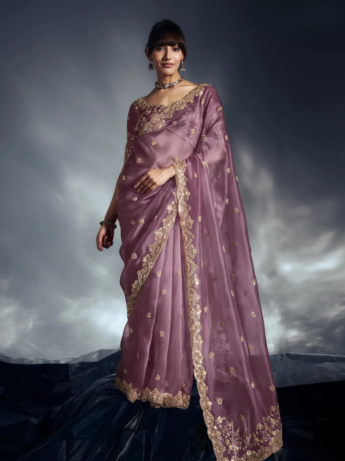Designer Organza Saree with Heavy Embroidered Border & Blouse - Mauve