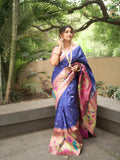 Brocket Paithani Saree with Muniya Border, Meenakari Butta and Big Zari Border - Dark Blue-1  Celebrity Drapes