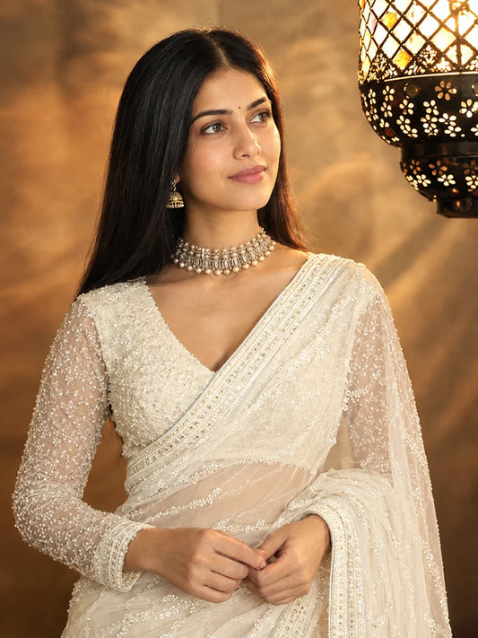 Bollywood Inspired Off-White Net Saree with Handcrafted Sequin Embroidery-73654099968081