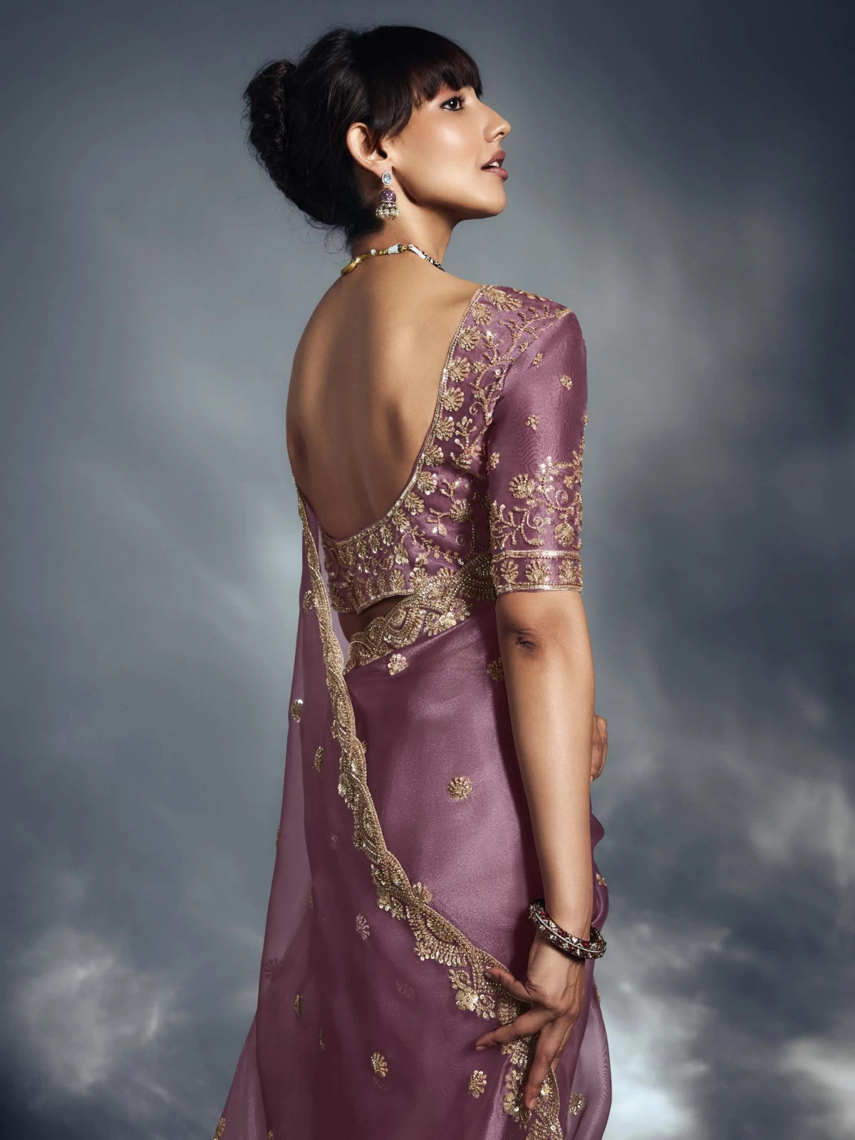 Designer Organza Saree with Heavy Embroidered Border & Blouse - Mauve