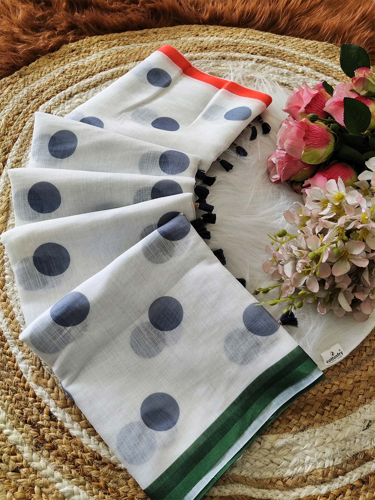 White Polka Dot Saree with Tricolor Border – Elegant Republic Day Look