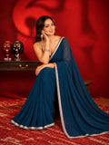 Georgette Navy Blue Saree with Stylish Border