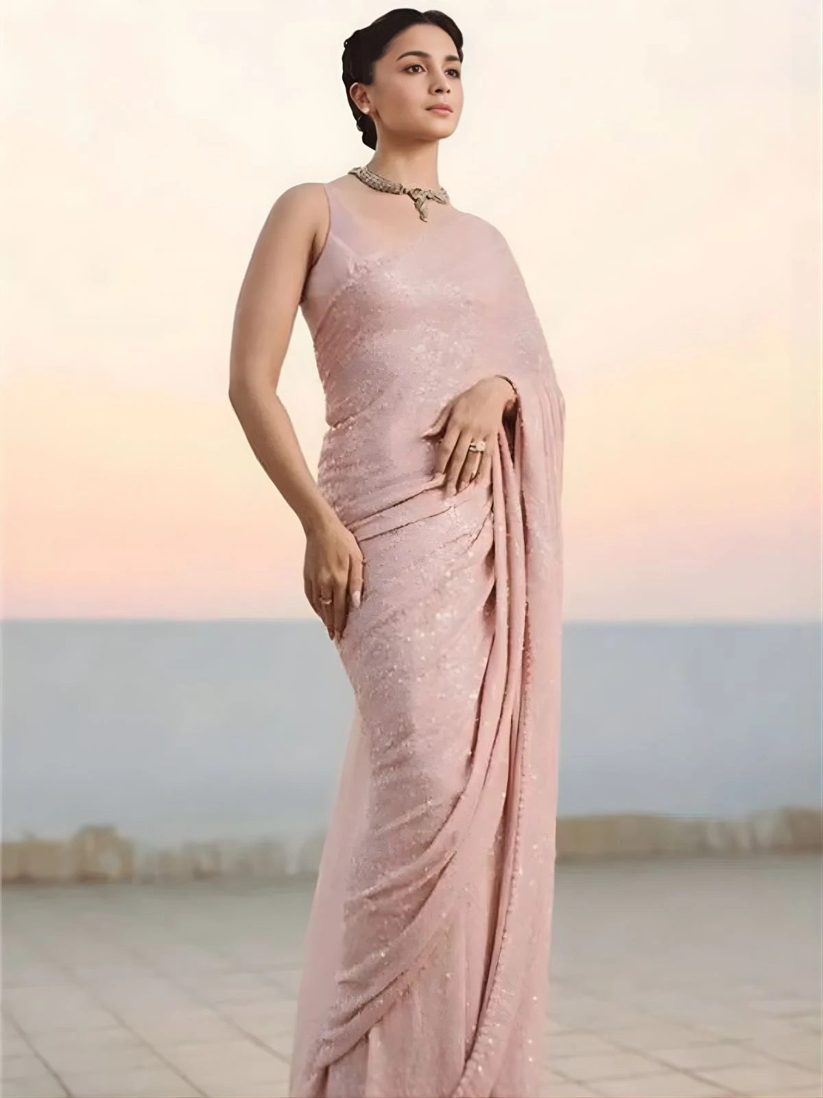 Alia Inspired Georgette Pink Saree Full Sequins Embroidery with Cutwork Lace-70455565385809