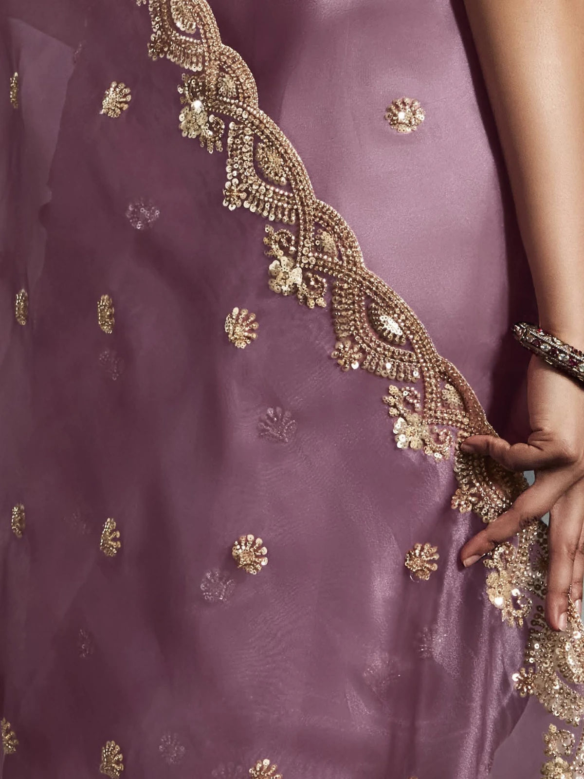 Designer Organza Saree with Heavy Embroidered Border & Blouse - Mauve