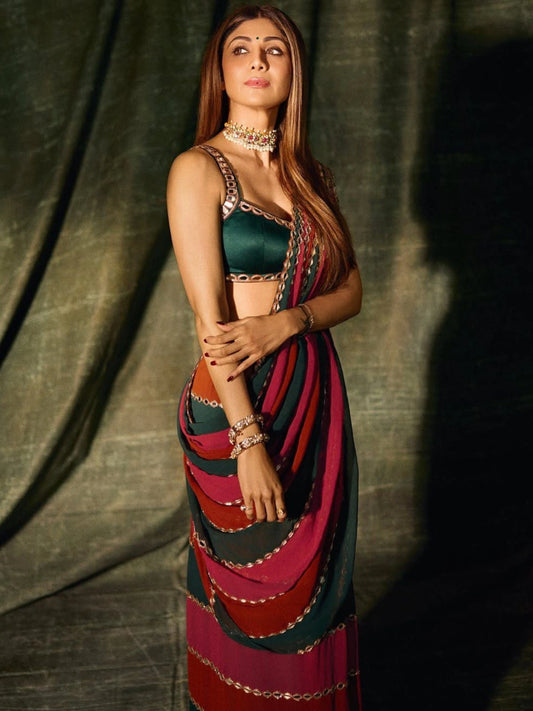Shilpa Inspired Multi-Colored Georgette Mirror Embroidered Saree