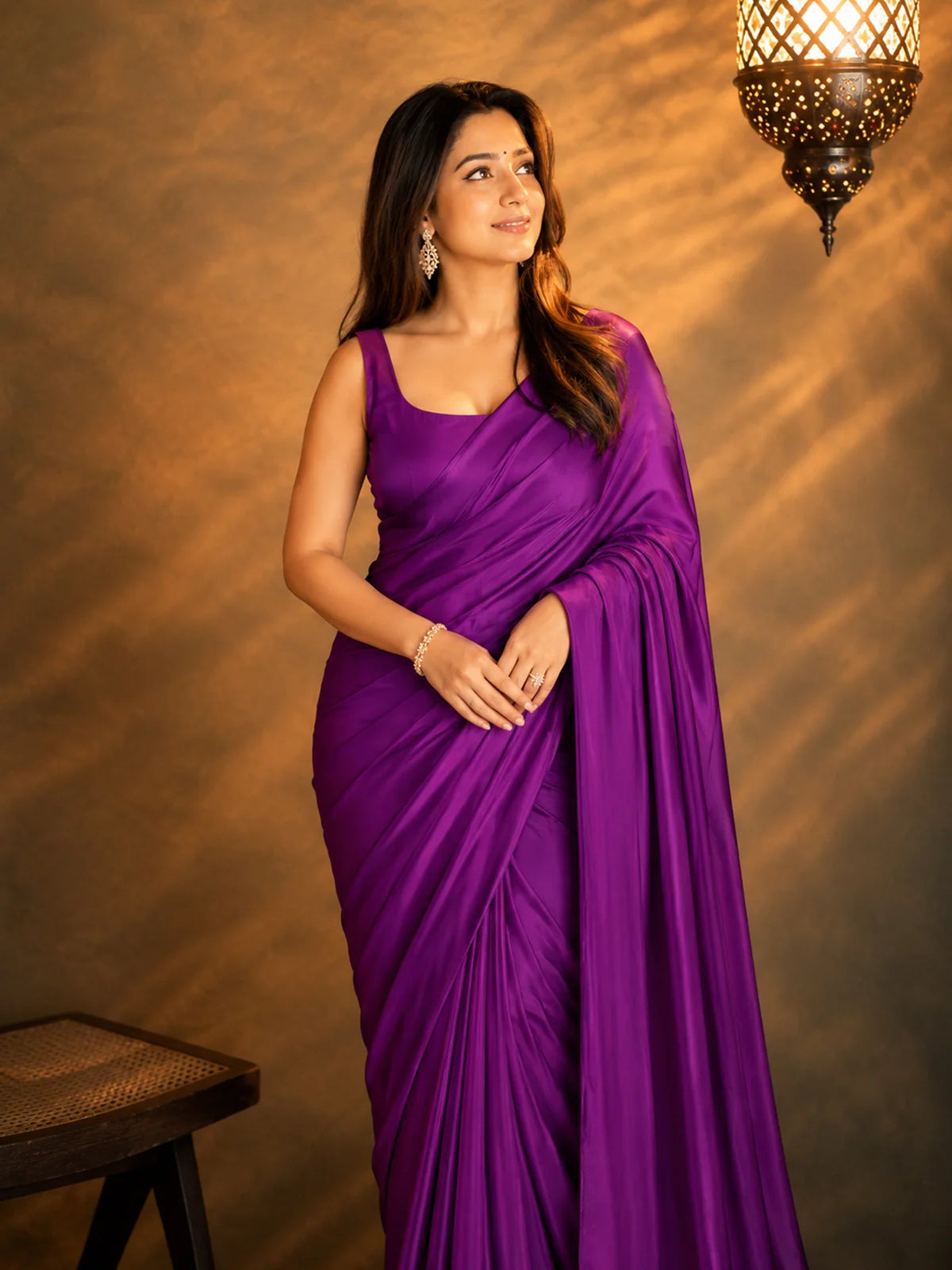Wine Satin Saree with Unstitched Matching Blouse Piece-73996345573457