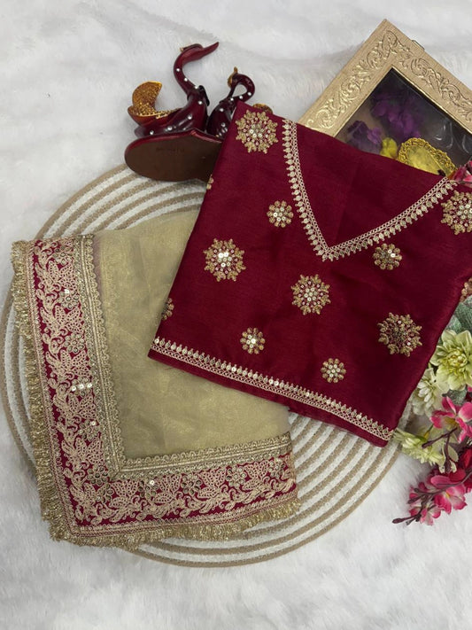 Designer Festive Twill Net Saree in Maroon and Golden Color-67380913504337