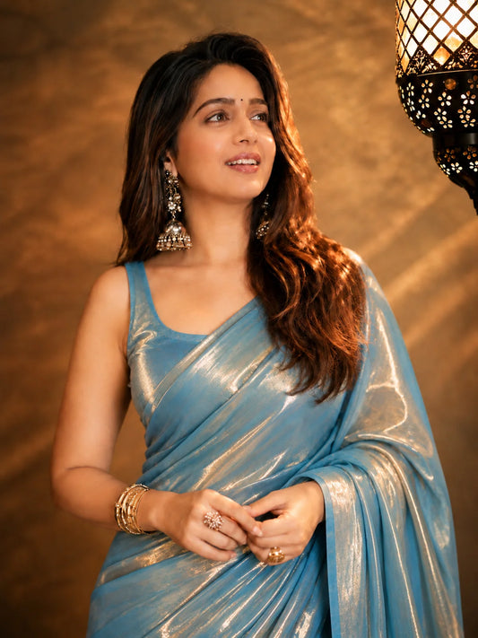 Bollywood Inspired Blue Copper Metallic Plain Jimmy Choo Saree-73996375556177
