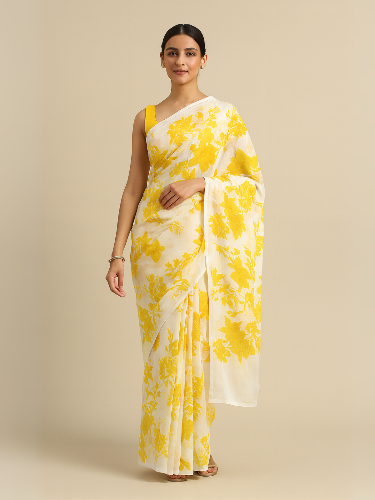 Madhuri Inspired Floral Printed Georgette Yellow Saree