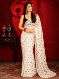 Partywear White and Black Polka Dot Georgette Saree with Black Blouse Piece