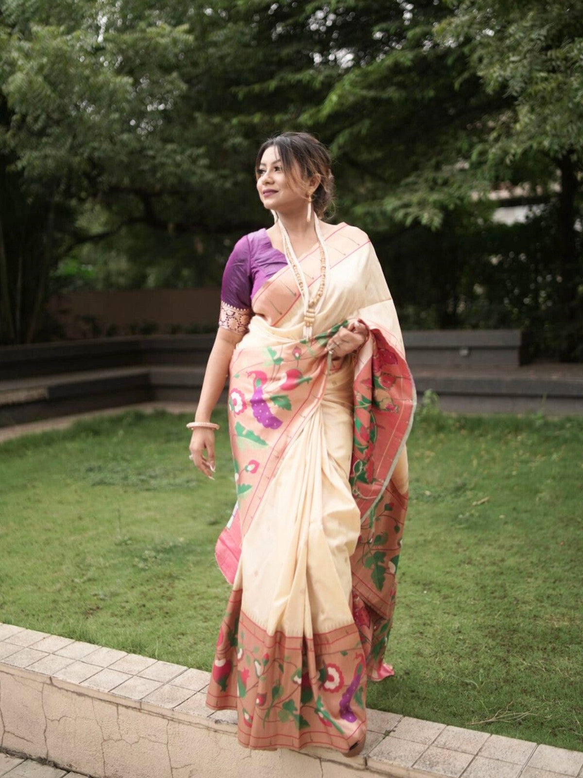Brocket Paithani Saree with Muniya Border, Meenakari Butta and Big Zari Border - Cream Color-1  Celebrity Drapes
