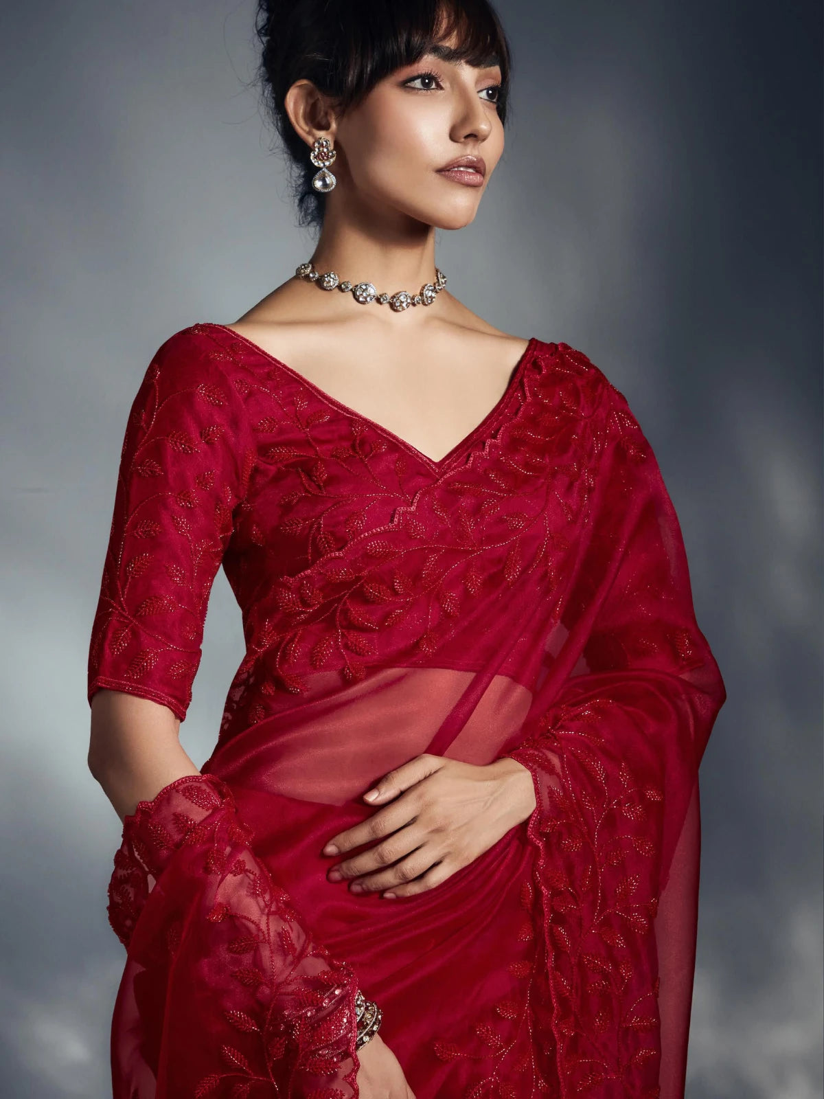 Designer Organza Saree with Heavy Embroidered Border & Blouse - Red