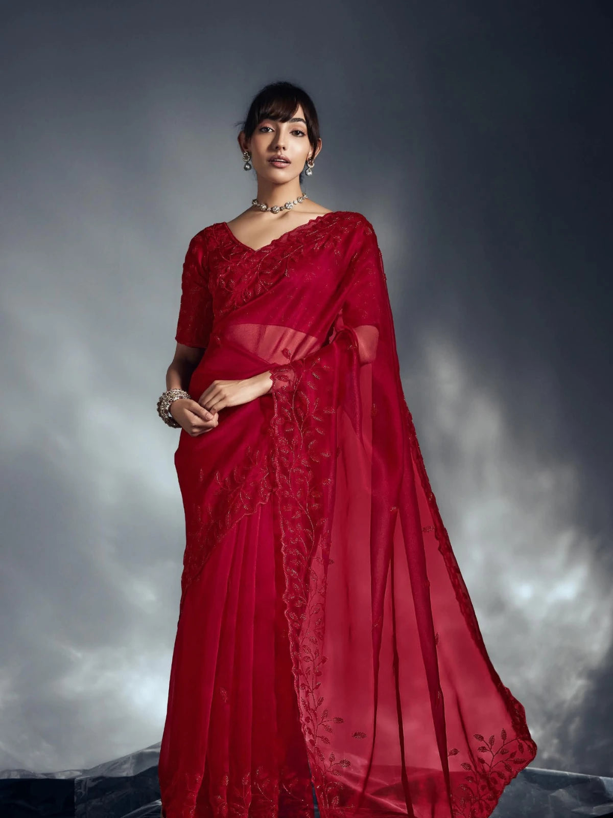 Designer Organza Saree with Heavy Embroidered Border & Blouse - Red