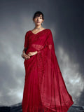 Designer Organza Saree with Heavy Embroidered Border & Blouse - Red