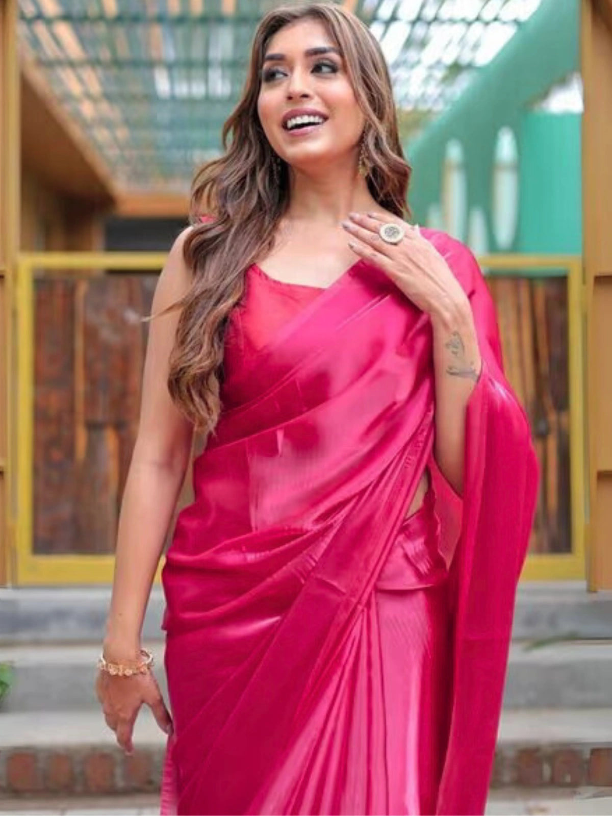Bollywood Inspired Pink Plain Linen Saree-70318426390609