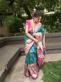 Brocket Paithani Saree with Muniya Border, Meenakari Butta and Big Zari Border - Dark Teal-1  Celebrity Drapes
