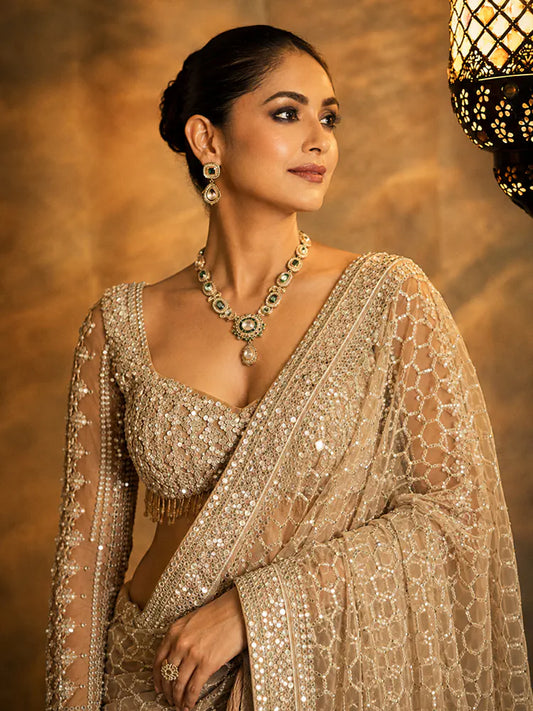 Bollywood Inspired Golden Honeycomb Pattern Net Saree with Tassel Border-71929913802833