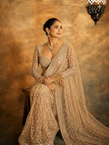 Bollywood Inspired Golden Honeycomb Pattern Net Saree with Tassel Border