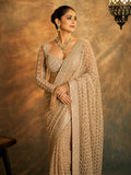 Bollywood Inspired Golden Honeycomb Pattern Net Saree with Tassel Border