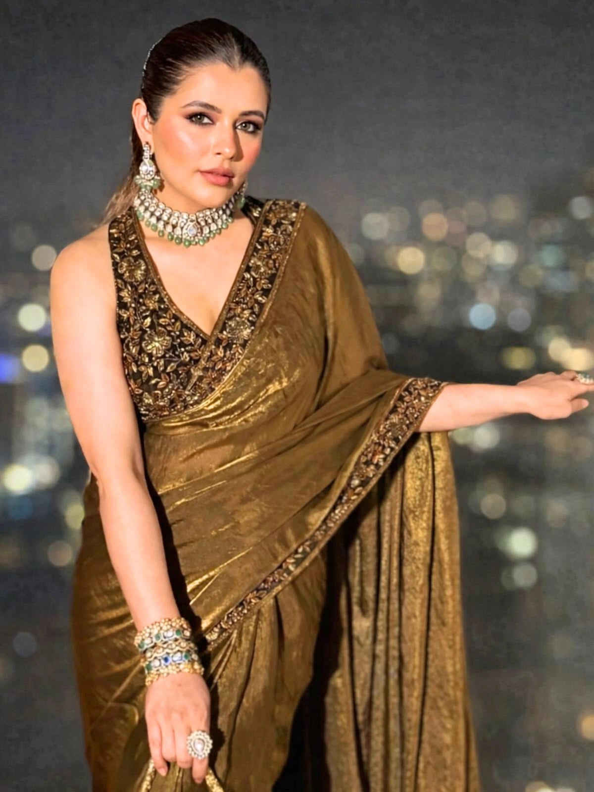 Bollywood Inspired Gold Saree with Black & Gold Embroidery and Unstitched Blouse-70455370514513