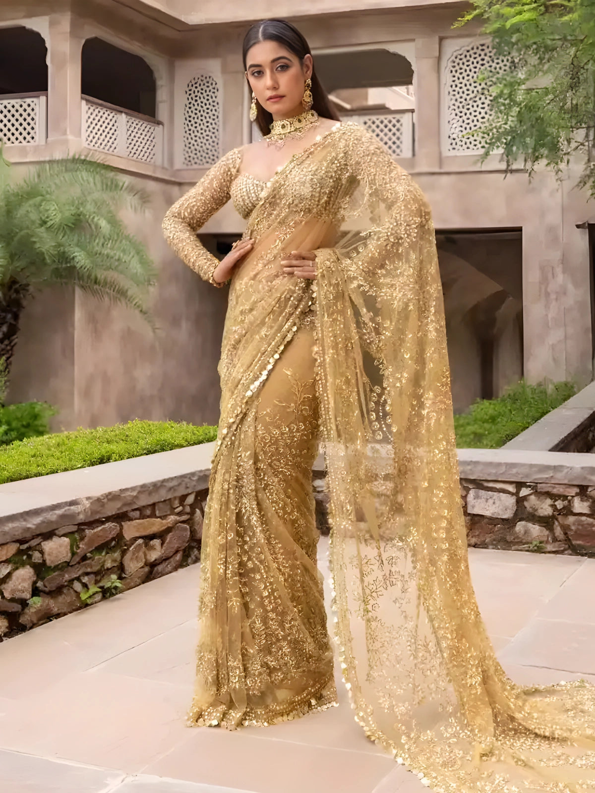 Bollywood Inspired Embroidered Golden Net Saree With Coin Lace-70430168088657