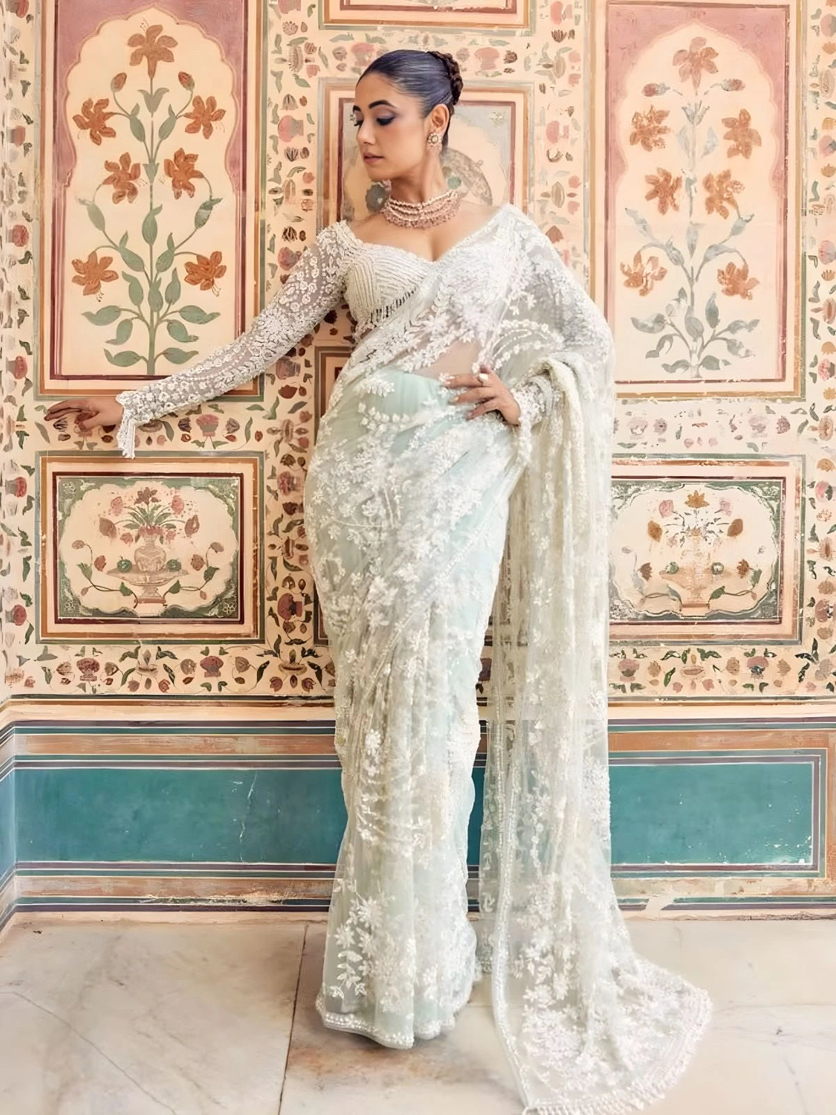 Bollywood Inspired Designer Fancy Net Pista Green Saree-70480710533201