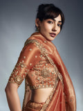 Designer Organza Saree with Heavy Embroidered Border & Blouse - Orange