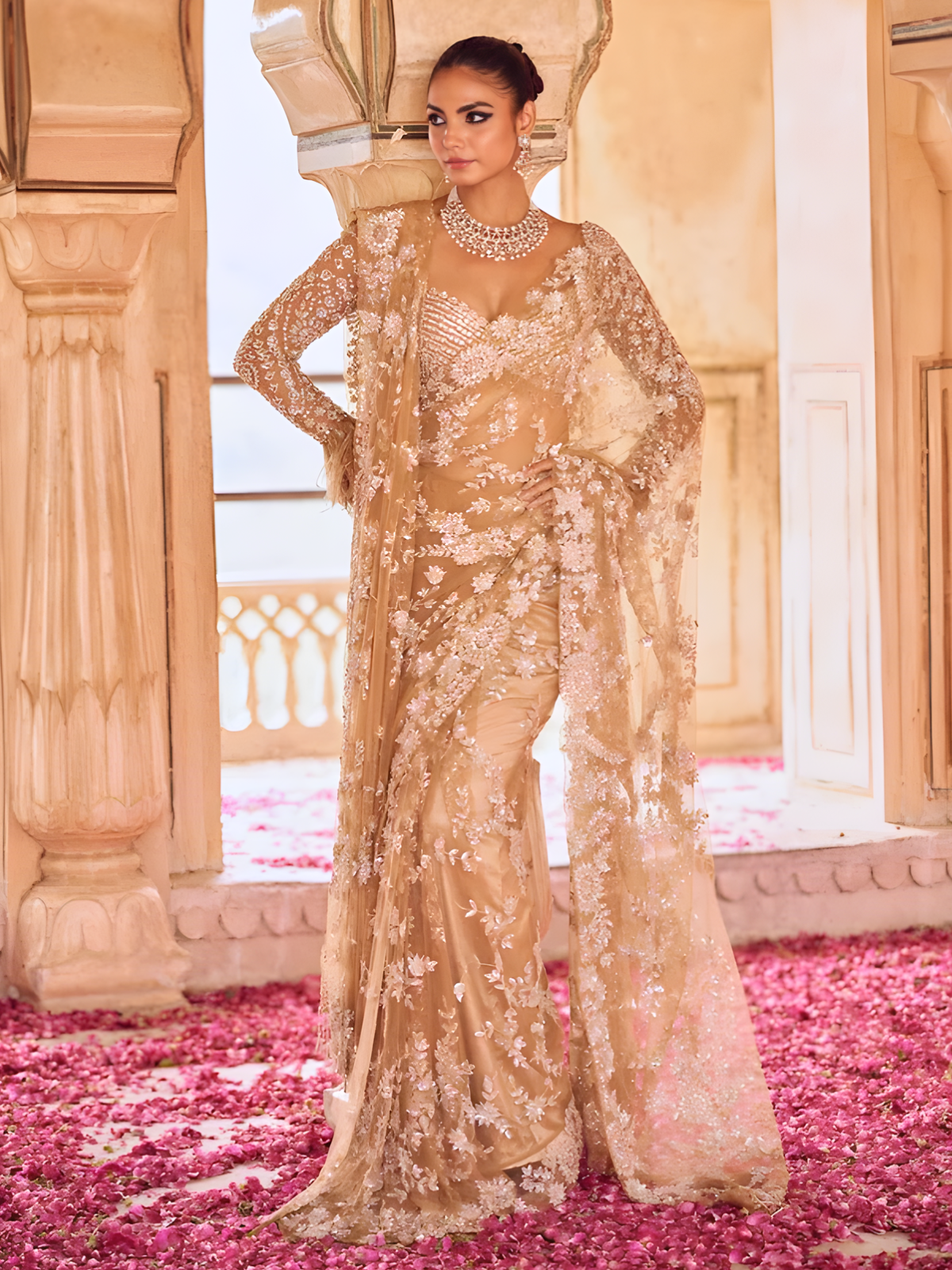 Bollywood Inspired Embroidered Golden Net Saree With Jhalar Border-70449991712849