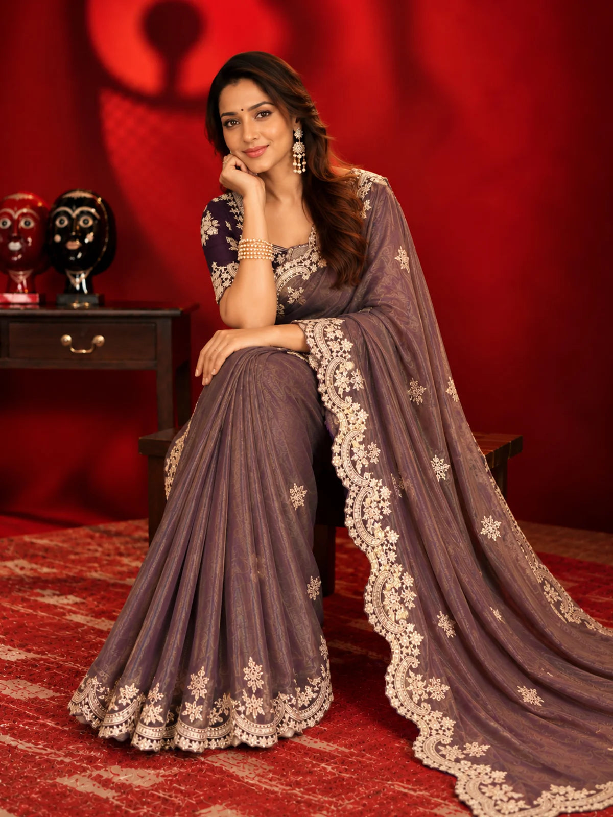 Copper Gold Sequence Embroidery Silk Blend Saree-73996476874833