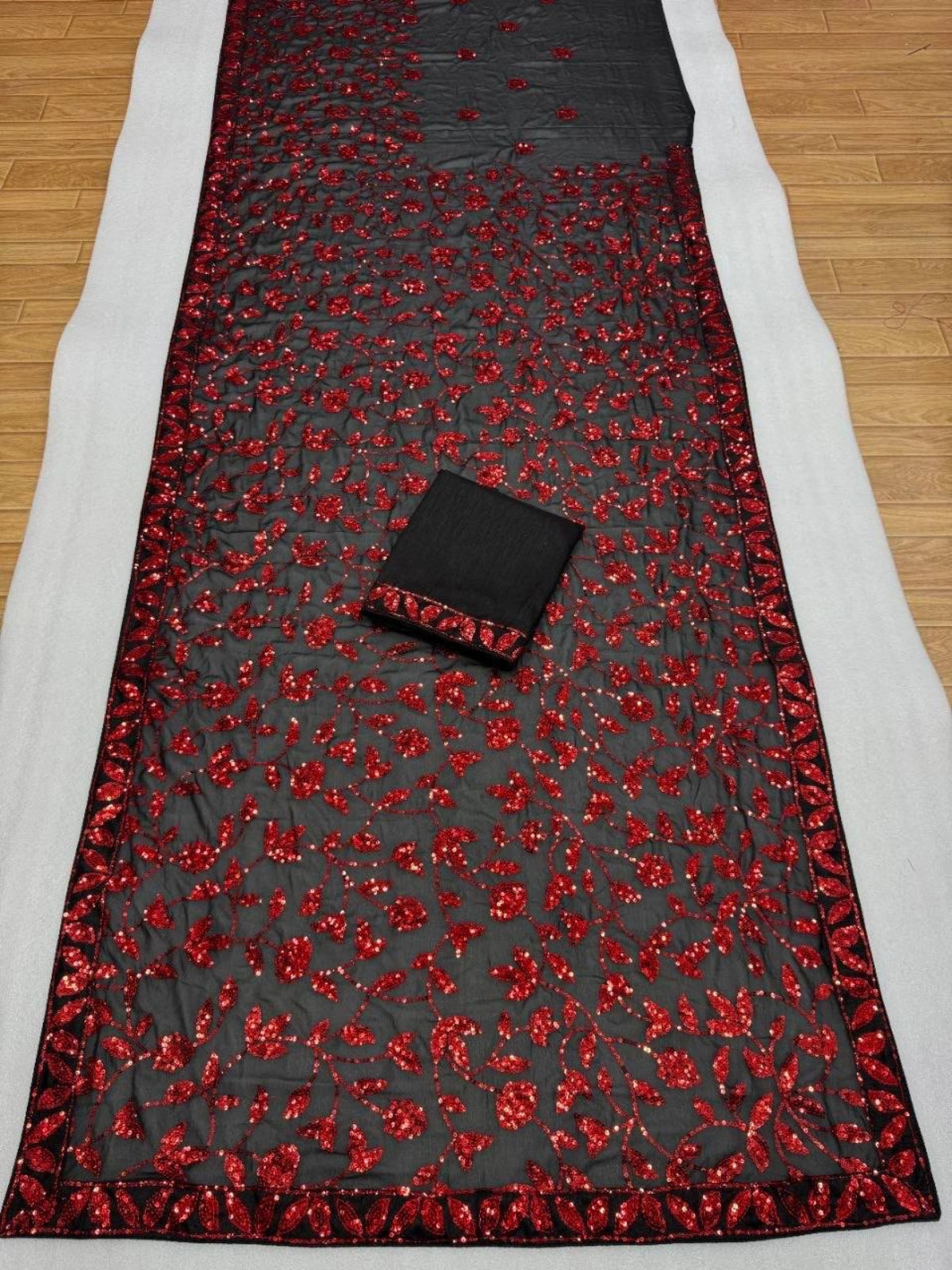 Bollywood-Inspired Red Faux Georgette Saree with Zaal Flower Sequins