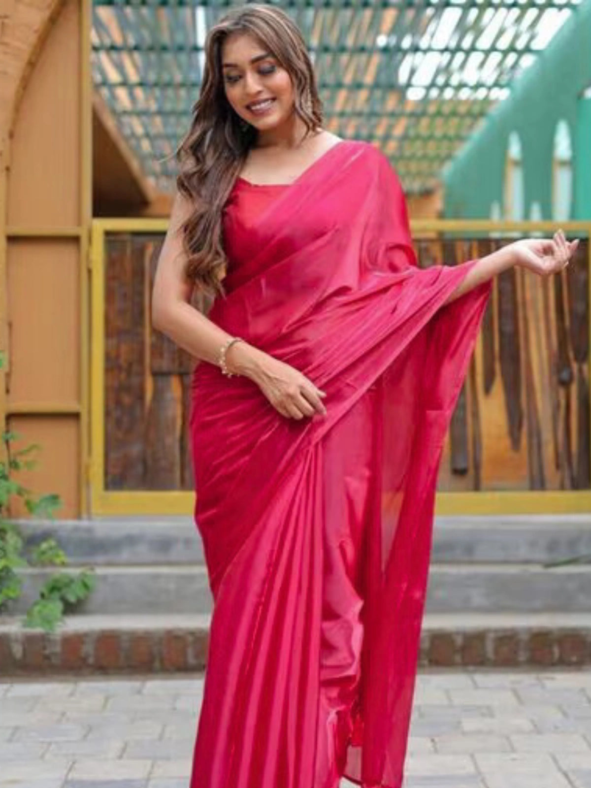 Bollywood Inspired Pink Plain Linen Saree-70318426423377