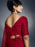 Designer Organza Saree with Heavy Embroidered Border & Blouse - Red