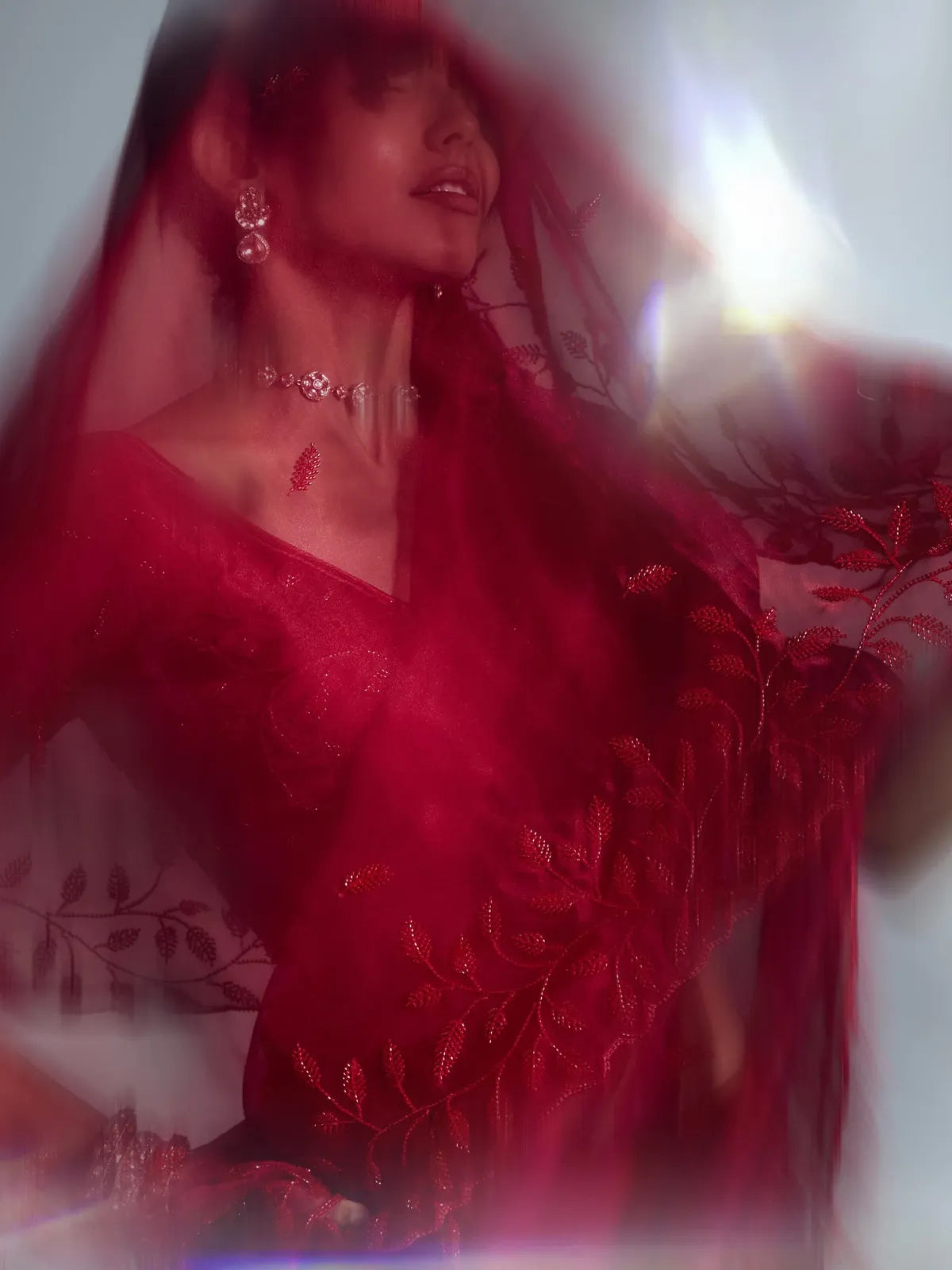 Designer Organza Saree with Heavy Embroidered Border & Blouse - Red