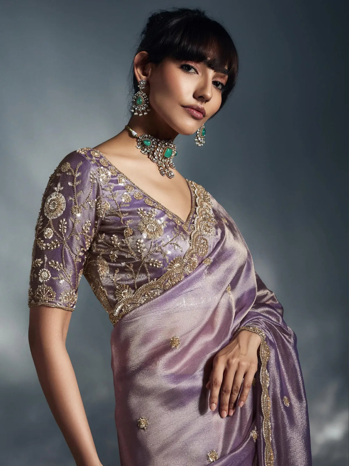 Designer Organza Saree with Heavy Embroidered Border & Blouse - Lavender