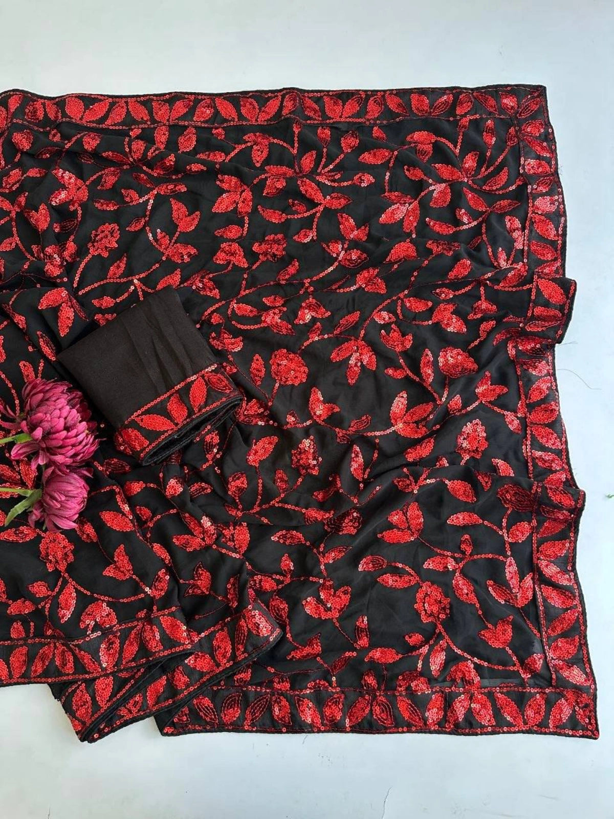 Bollywood-Inspired Red Faux Georgette Saree with Zaal Flower Sequins