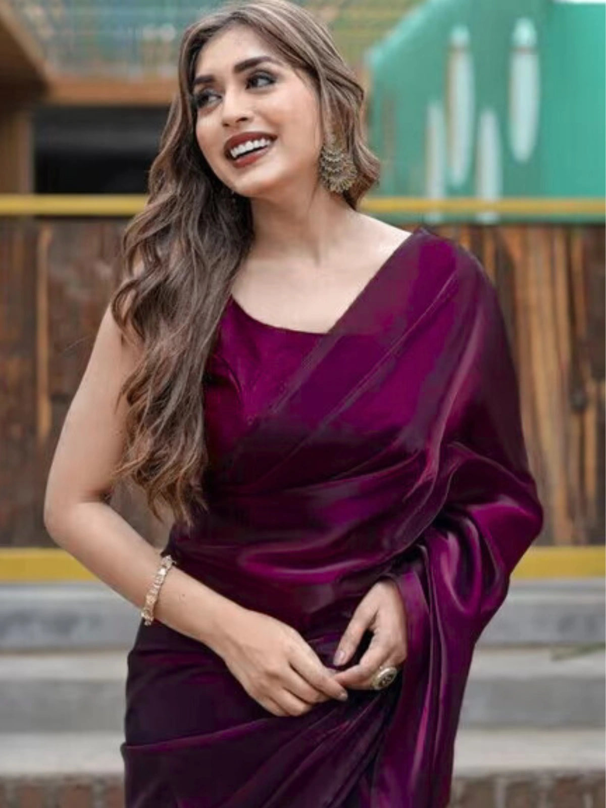 Bollywood Inspired Wine Plain Linen Saree-70318441431121